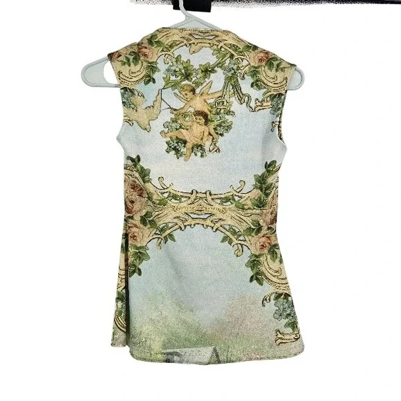 Y2K Michal Negrin Tank Top Green Blue Angels Floral Brocade Rhinestone V-neck S - Picture 10 of 10